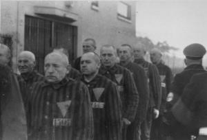 Priests lined up in Dachau, with the triangle denoting they are clergy.